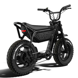 Side view of the Super73 MZFT SE eMOTO eBike in a showroom, highlighting its sleek frame and modern design, available for in-store pickup only.