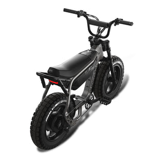 Super73 MZFT eMOTO eBike in Titanium Ore color, shown inside its original box with packaging materials.