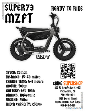Super73 MZFT eMOTO eBike in Titanium Ore color, shown inside its original packaging box