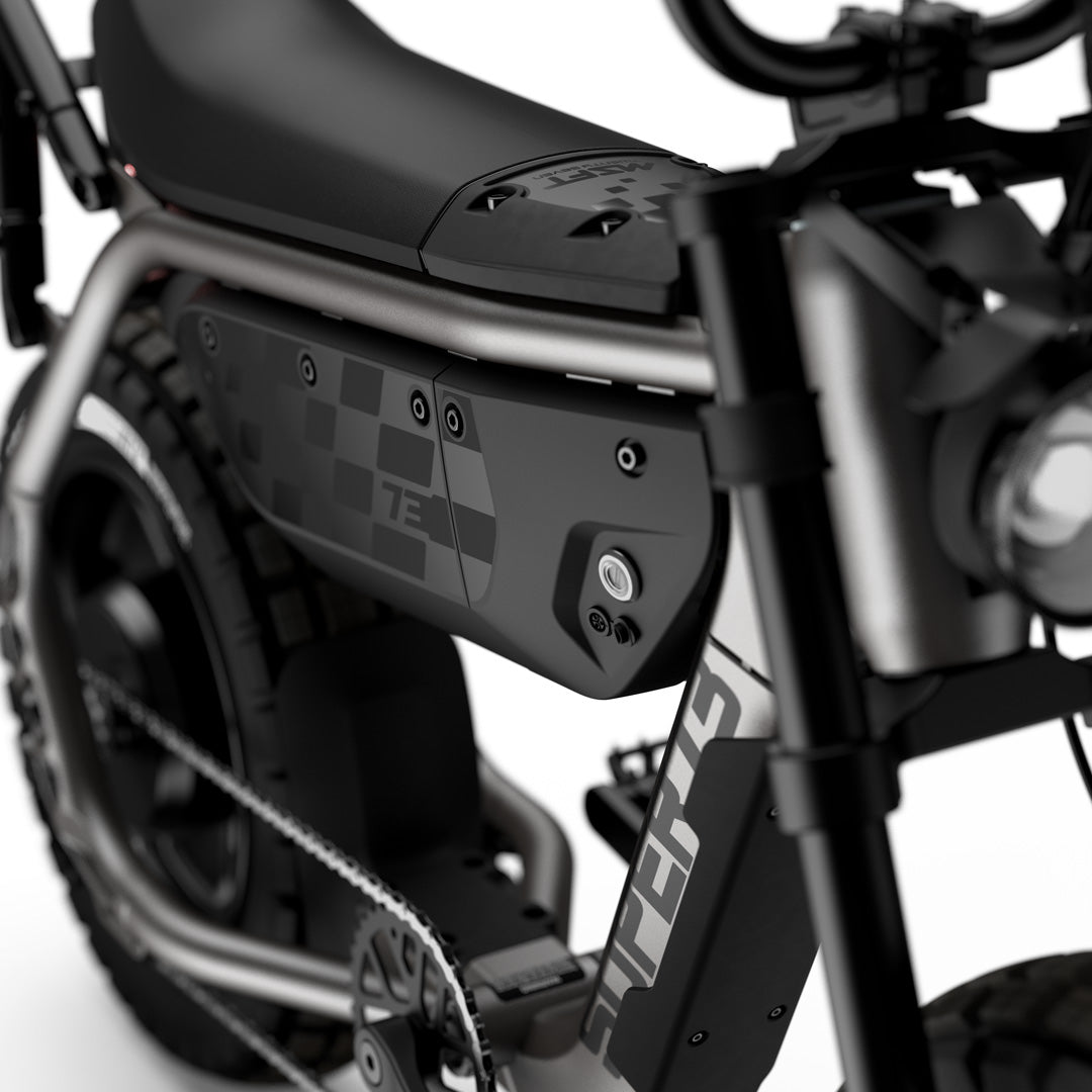 Super73 MZFT eMOTO eBike in Titanium Ore color, shown inside its original packaging box
