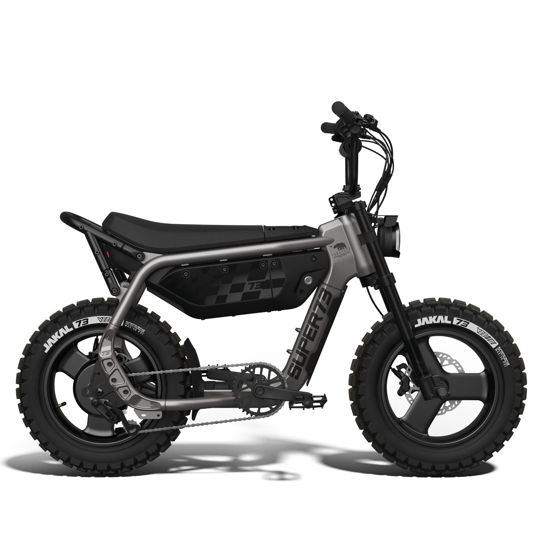 Super73 MZFT eMOTO eBike in Titanium Ore color, side view, ready to ride, product image