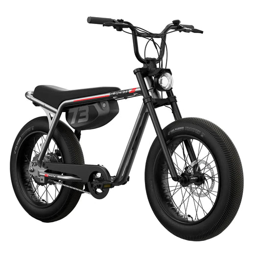 Side view of a Super73 Z Miami Core eMOTO eBike in a showroom, showcasing its sleek frame, thick tires, and minimalist design.