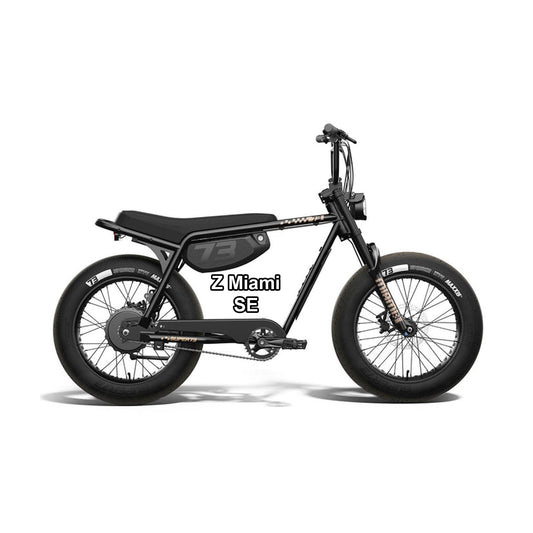 SUPER73 Z Miami SE eBike in Blackout color, shown in its original packaging box, unopened and ready for assembly