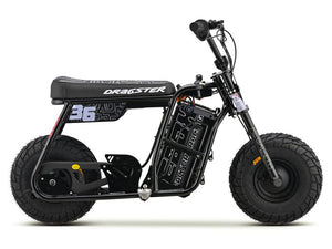 Black eMOTO EBOX Dragster electric motorcycle, side view, on white background