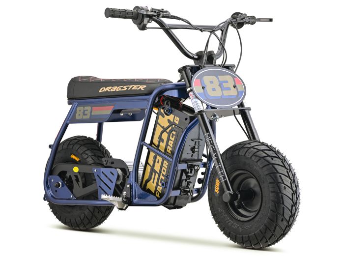 Navy blue eMOTO EBOX Dragster electric bike, side view, showcasing sleek frame and modern design.