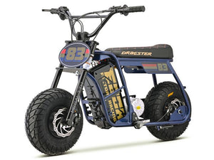 Navy blue eMOTO EBOX Dragster electric scooter, side view, showcasing sleek design and black wheels.