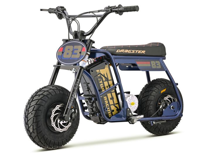 Navy blue eMOTO EBOX Dragster electric scooter, side view, showcasing sleek design and black wheels.
