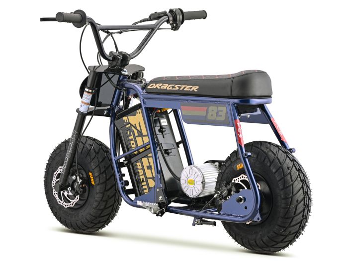 Navy blue eMOTO EBOX Dragster electric bike, side view, showcasing its sleek frame and modern design.