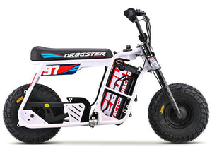 White eMOTO EBOX Dragster electric dirt bike, side view, on a plain background.