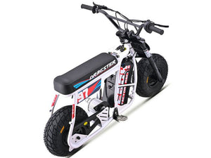 White eMOTO EBOX Dragster electric dirt bike, side view, on a plain background