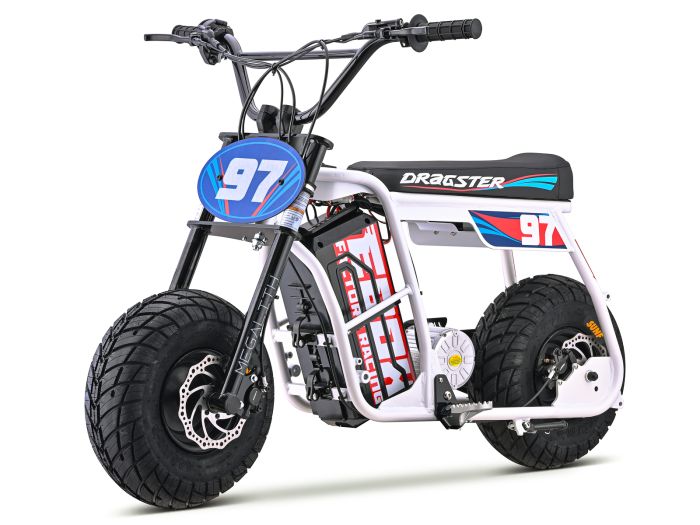 White eMOTO EBOX Dragster electric dirt bike, side view, on a plain background