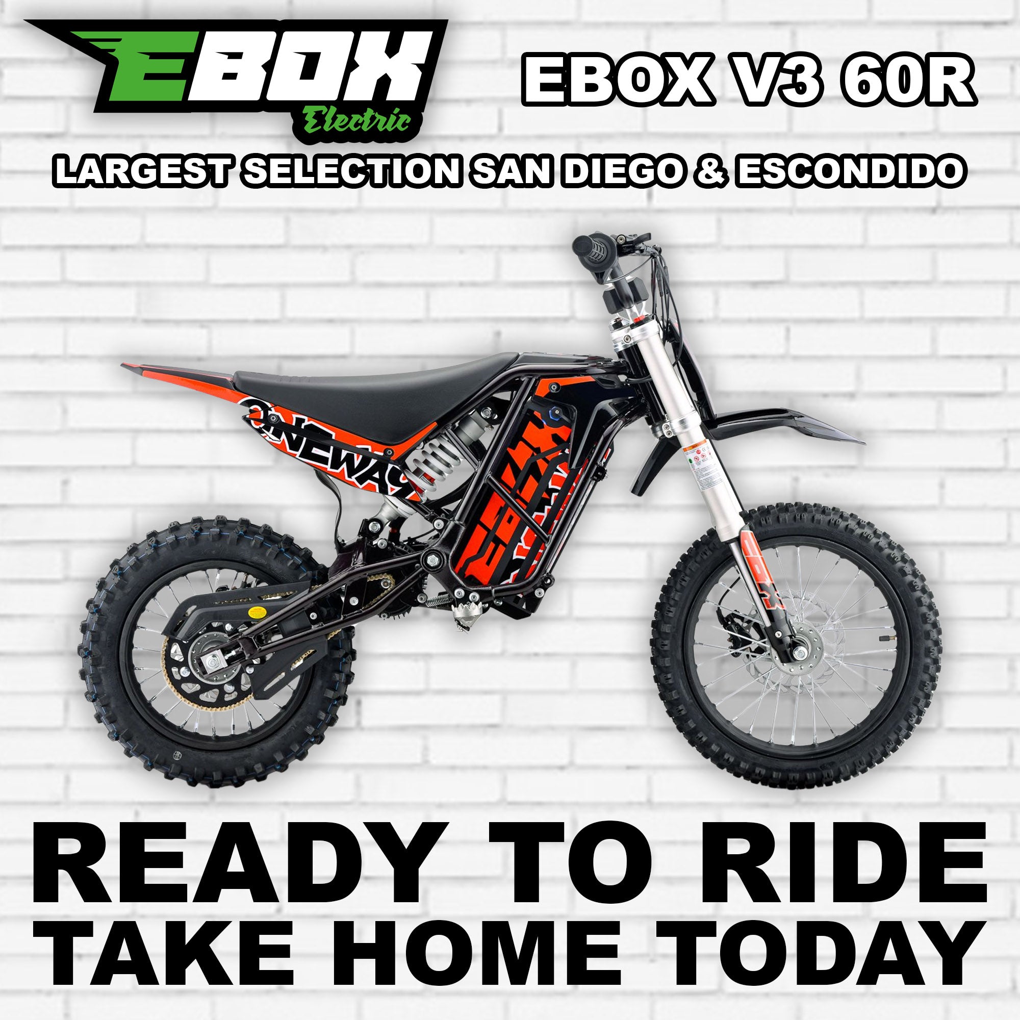 Red eMOTO Ebox V3 60 R electric bike, side view, with R2R Oneway branding