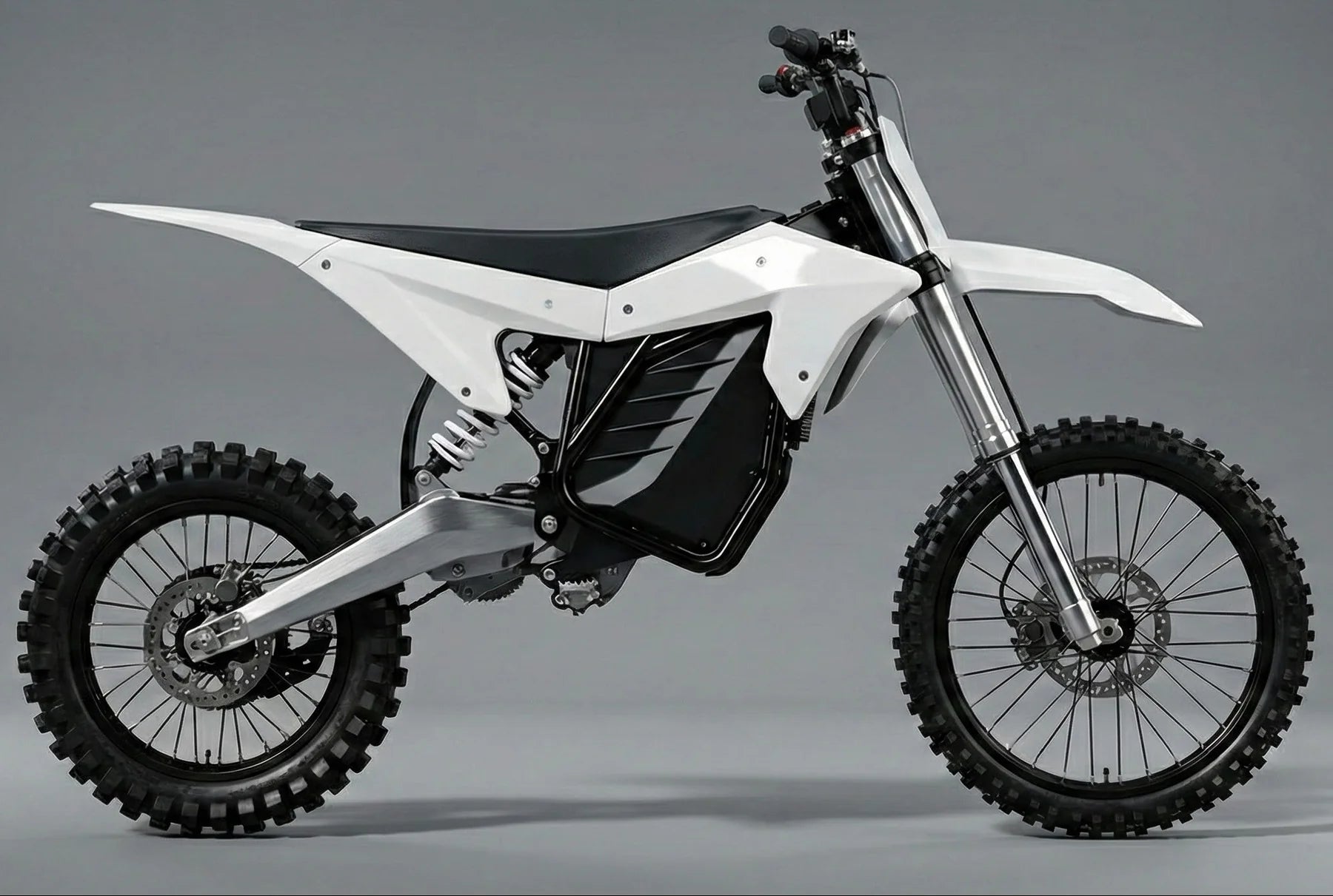 Front view of the eMOTO Electro & Co ETM RTR Alpha electric motorcycle in a studio setting, showcasing its sleek design and modern features.