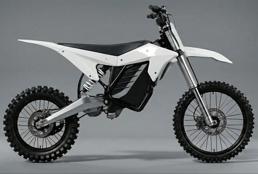 Front view of the eMOTO Electro & Co ETM RTR Alpha electric motorcycle in a studio setting, showcasing its sleek design and modern features.