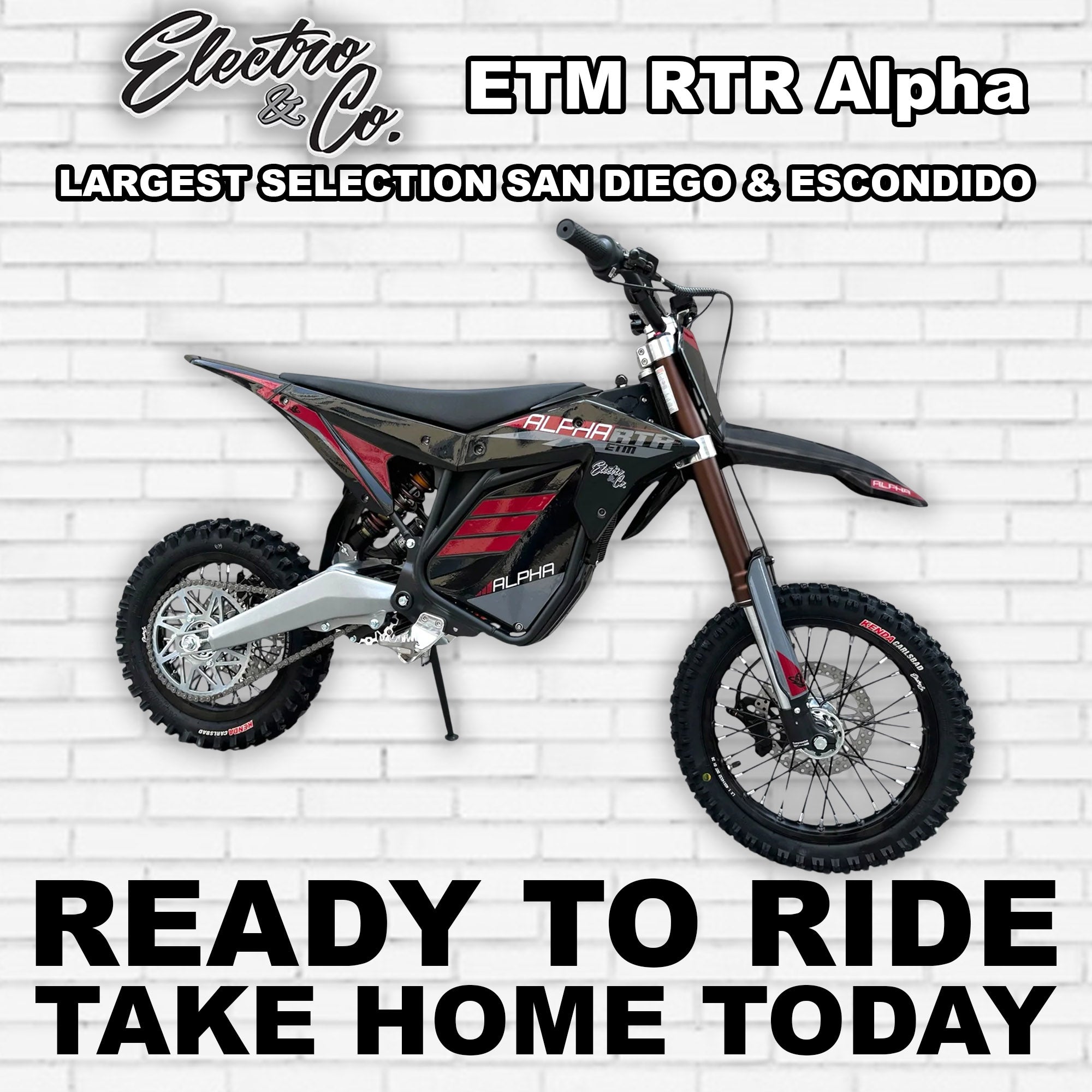 Black eMOTO Electro & Co RTR Alpha electric motorcycle, side view, on a white background