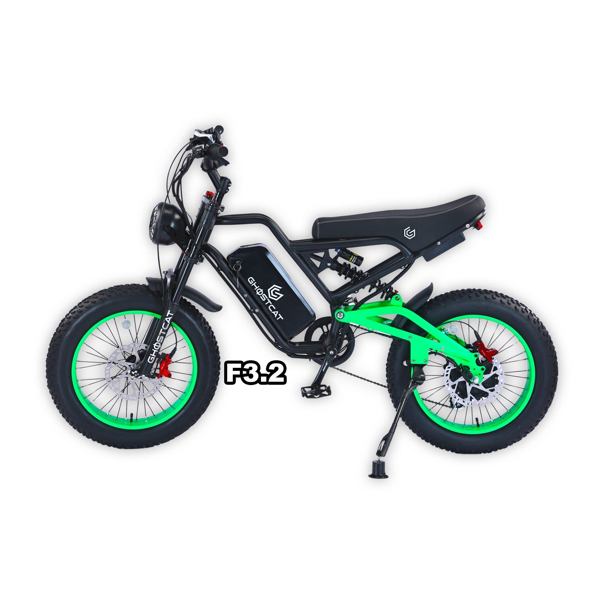 eMOTO GHOSTCAT F3.2 electric bike in neon green, displayed in its box, product image, model number 810206240670