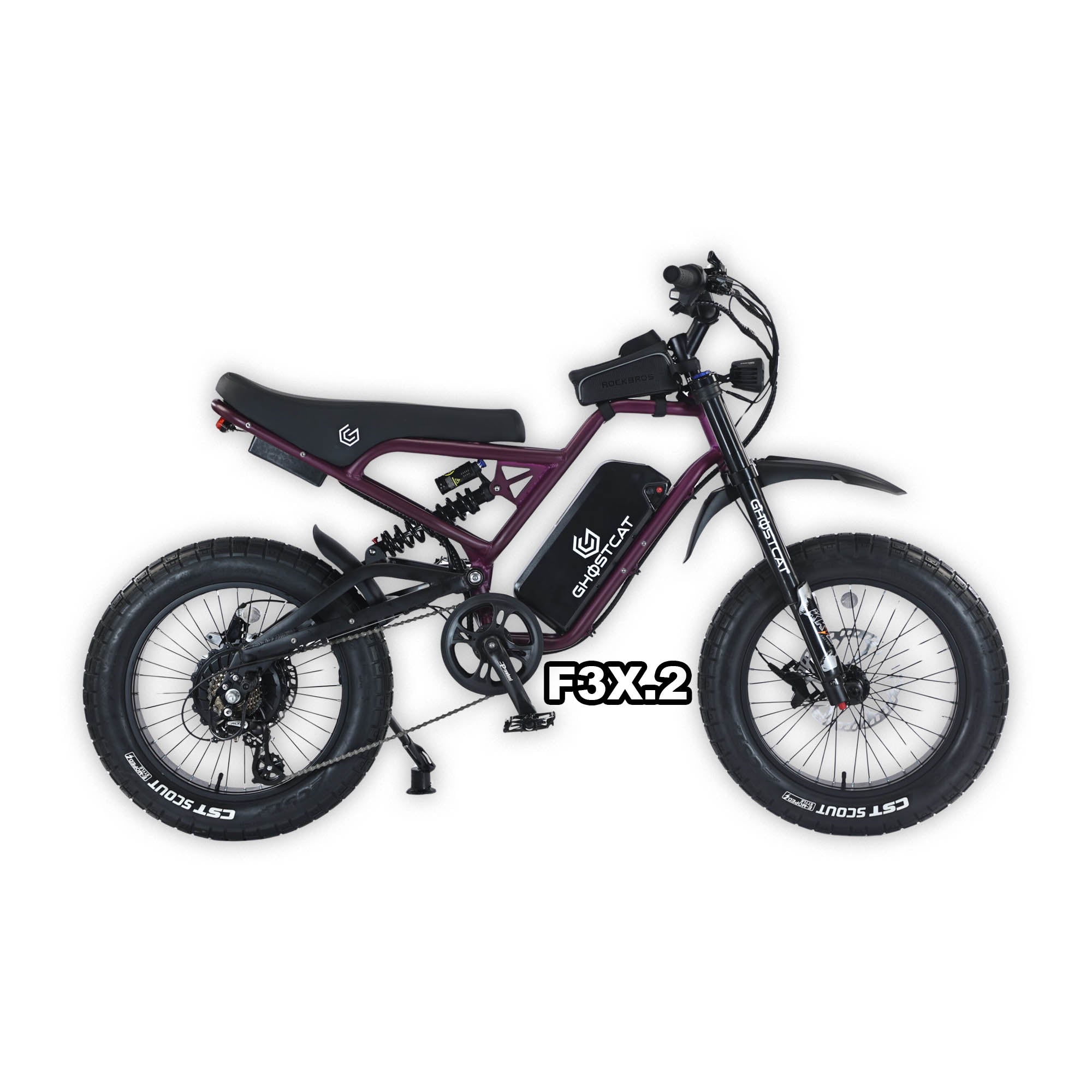 eMOTO GHOSTCAT F3X.2 Pro electric bike in dark purple, shown in its box with packaging, product image labeled "In Box Purple 4"