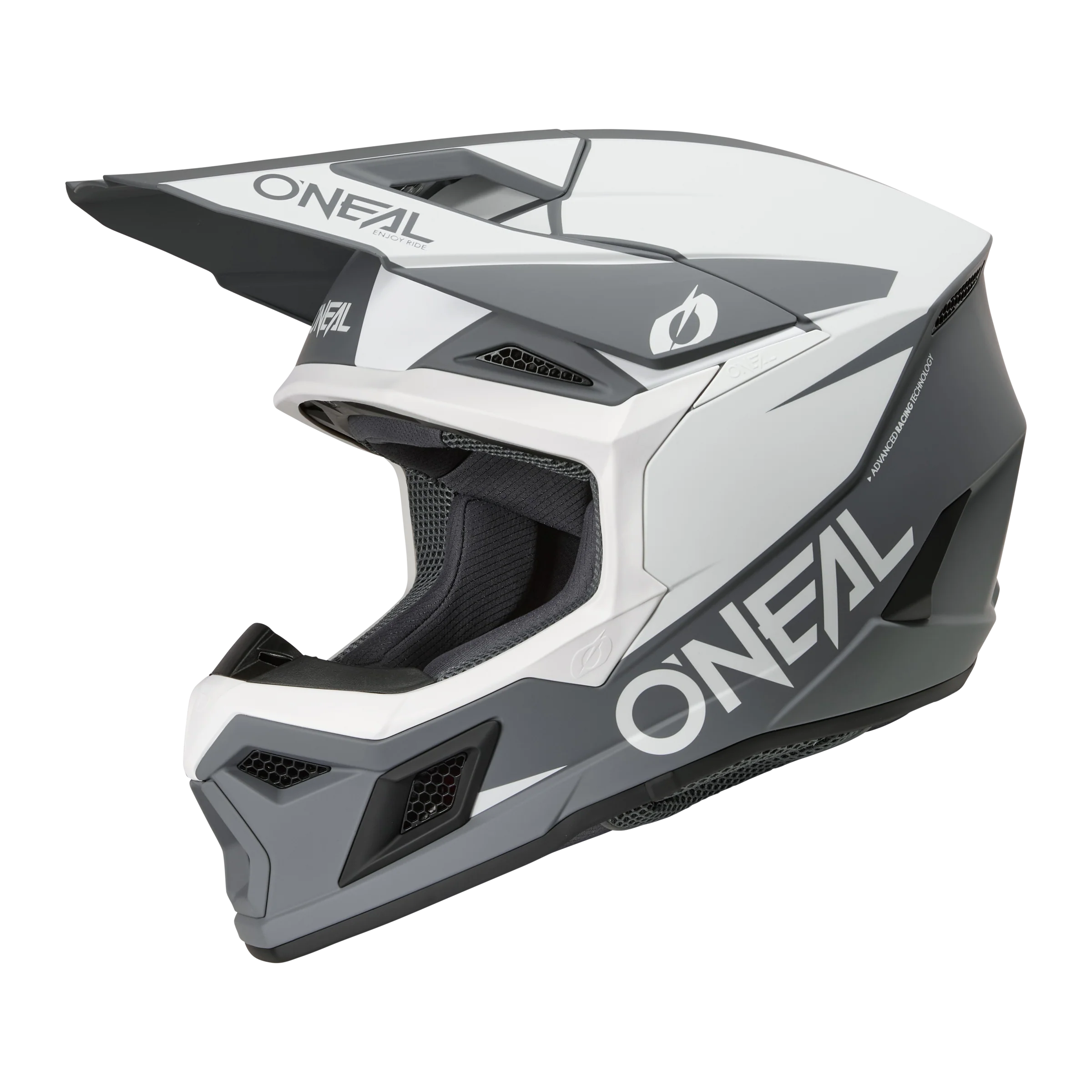 O'Neal 3 SRS eMOTO helmet in large size, black and cement color, front and side view