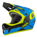 O'Neal SONUS eMOTO helmet in medium size, blue and yellow color, product image showing left side with yellow accents