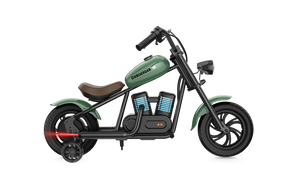 Side view of the eMOTO Hyper Gogo Challenger 12 Plus electric bike in black and orange, showcasing its sturdy frame, thick tires, and sporty design.