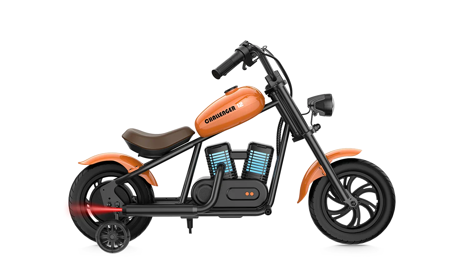 A black and orange eMOTO Hyper Gogo Challenger 12 Plus electric bike with thick tires, a sturdy frame, and a compact design, shown from a side angle on a white background.