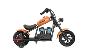 A black and orange eMOTO Hyper Gogo Challenger 12 Plus electric bike with thick tires, a sturdy frame, and a compact design, shown from a side angle on a white background.