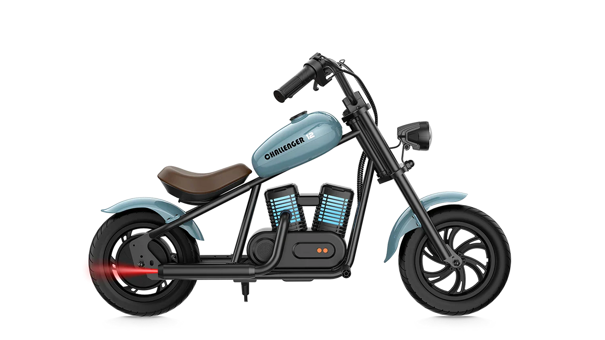 Blue eMOTO Hyper Gogo Challenger 12 Plus electric bike, side view, on a white background