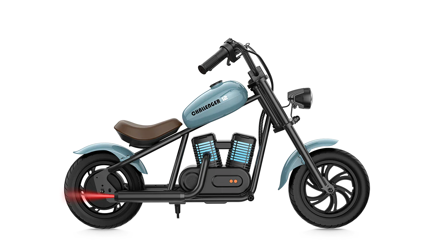 Blue eMOTO Hyper Gogo Challenger 12 Plus electric bike, side view, on a white background