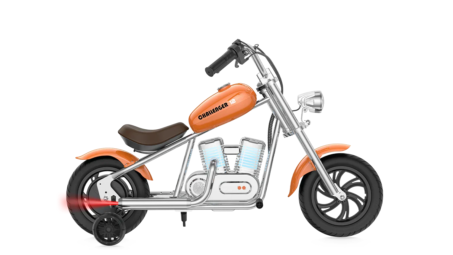 eMOTO Hyper Gogo Challenger 12 Plus electric bike with app connectivity, side view, black and orange design, displayed on a white background
