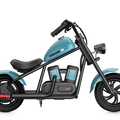 Blue eMOTO Hyper Gogo Cruiser 12 Plus electric bike shown with and without training wheels.