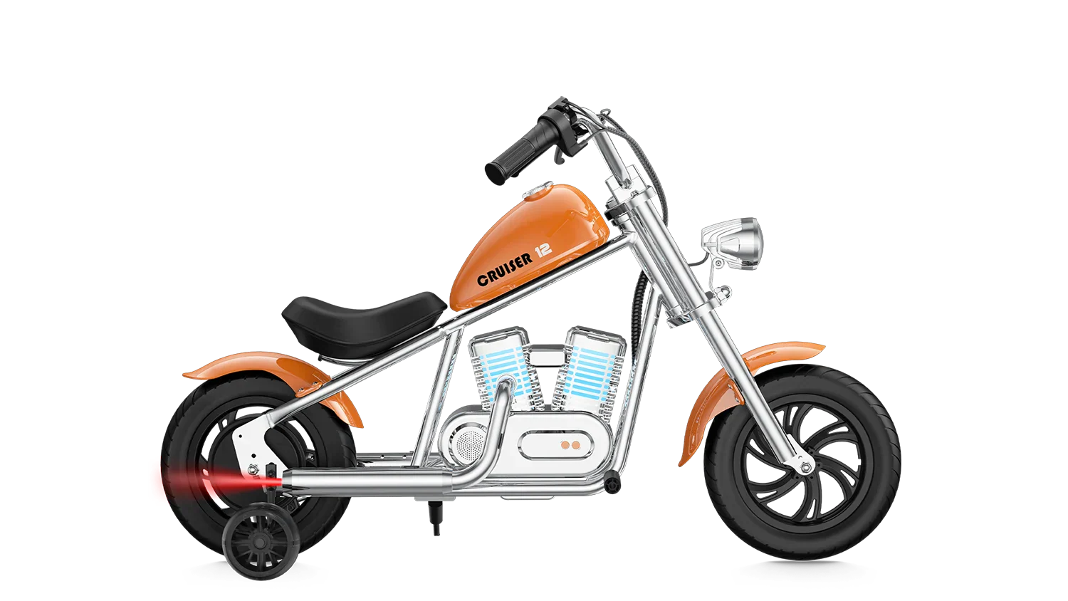 Orange eMOTO Hyper Gogo Cruiser 12 Plus electric bike with training wheels, shown in profile view, suitable for kids, app-enabled model.