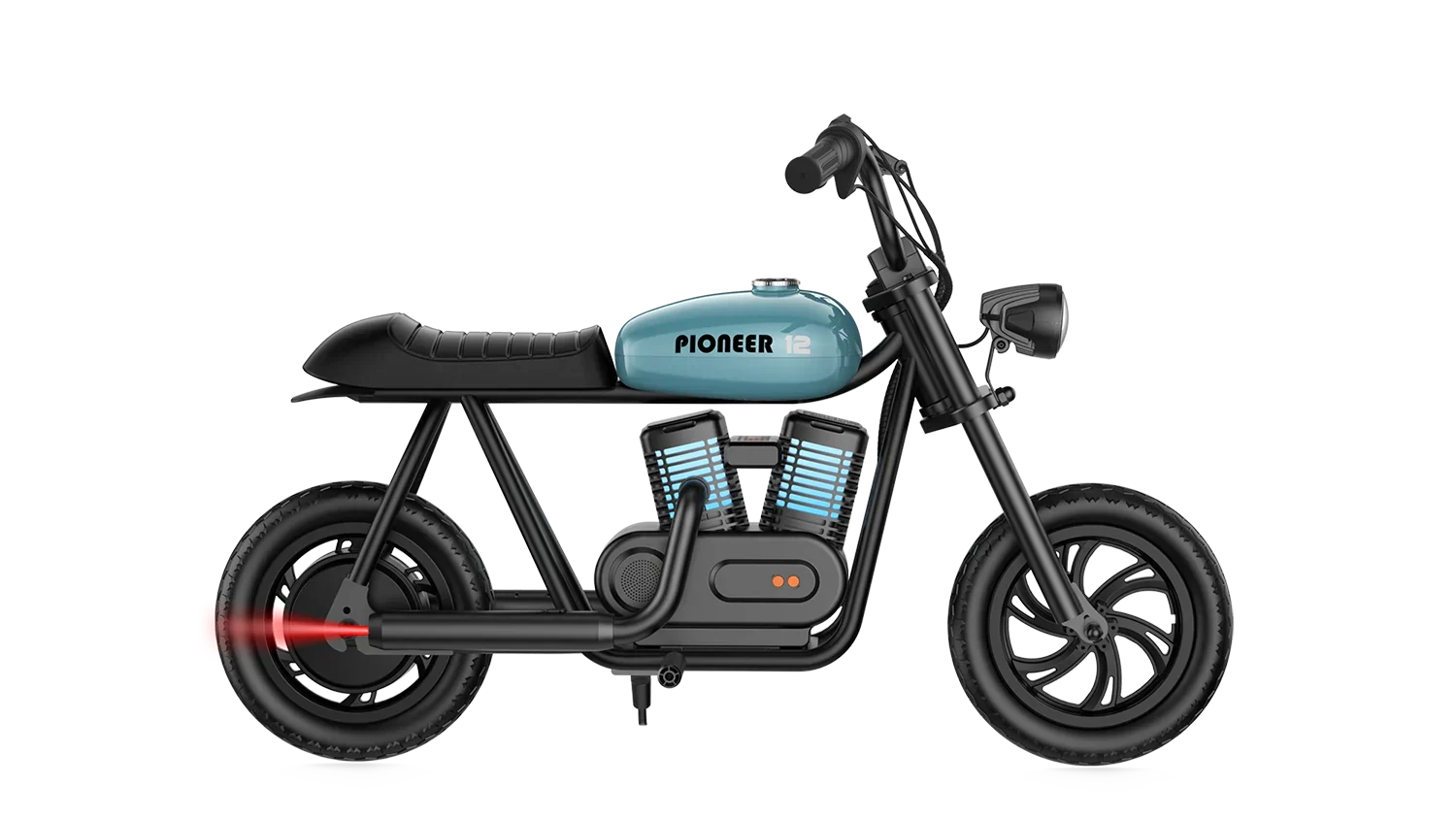 Blue eMOTO Hyper Gogo Pioneer 12 Plus electric bike without training wheels, side view, product image