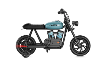 Blue eMOTO Hyper Gogo Pioneer 12 Plus electric bike with training wheels, side view