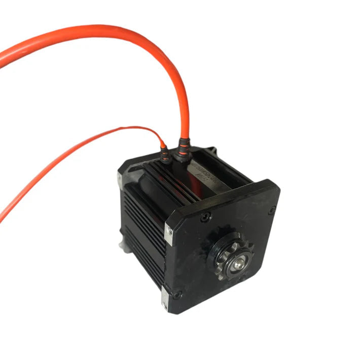 Front view of the eMOTO Tuttio Soleil01 electric motor, showcasing its compact design and metallic finish.
