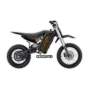 eMOTO Stomp EBOX 2.0 V2 electric bike in black, shown in its box with product packaging, model number 810206240403