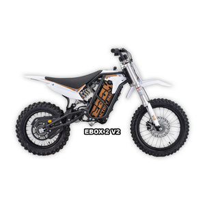 eMOTO Stomp Ebox 2.0 V2 electric bike in white, shown in its box with packaging, product image, model number 810206240342