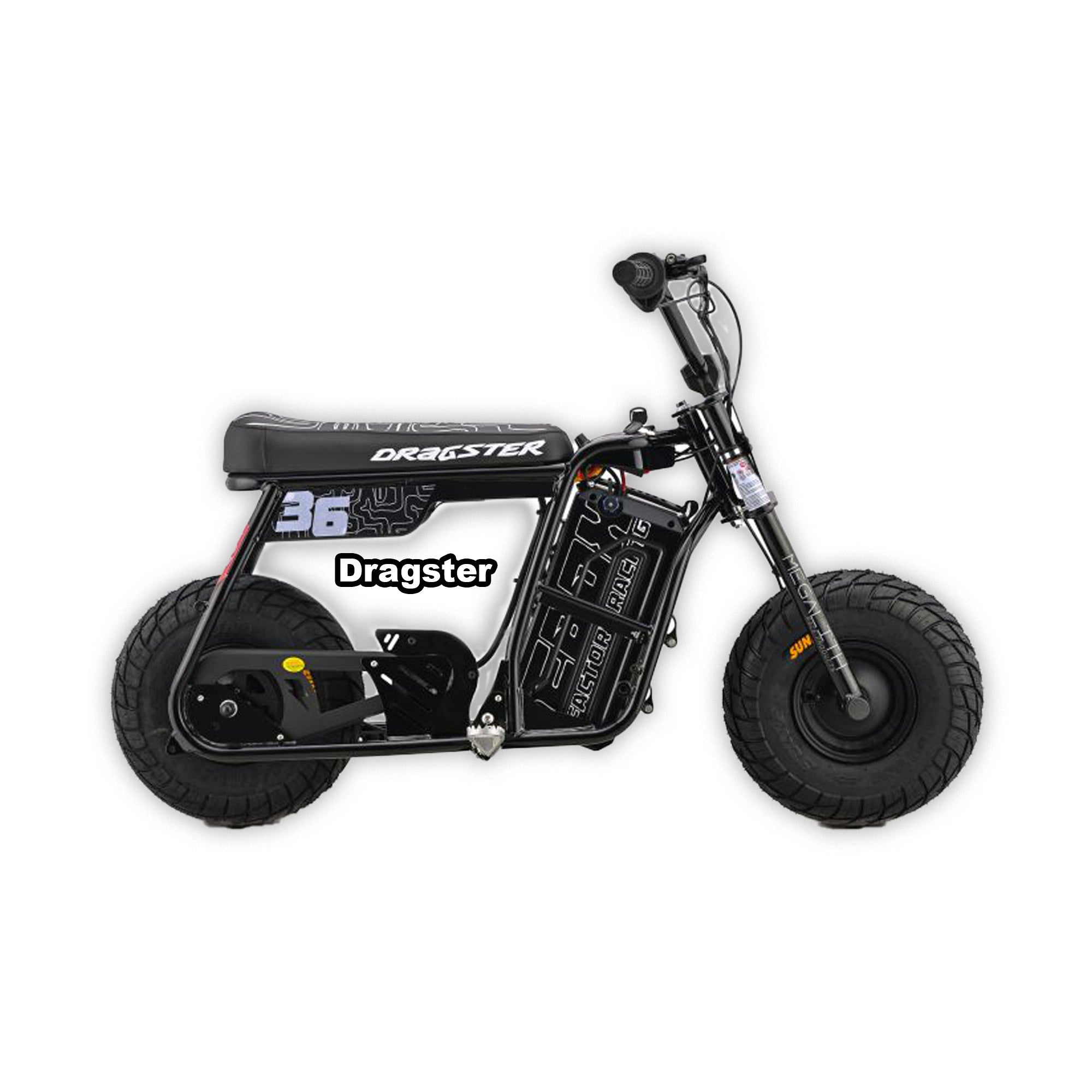eMOTO Stomp Ebox Dragster electric bike in black, shown in its box with product packaging, model number 810206240328