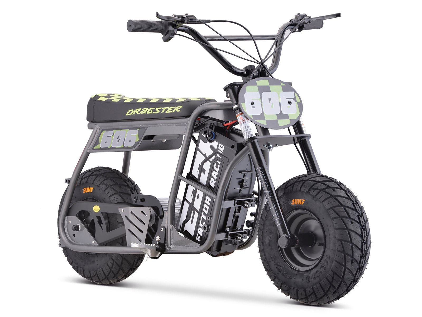 Gray eMOTO Stomp Ebox Dragster Micro Electric Pit Bike, side view, product image
