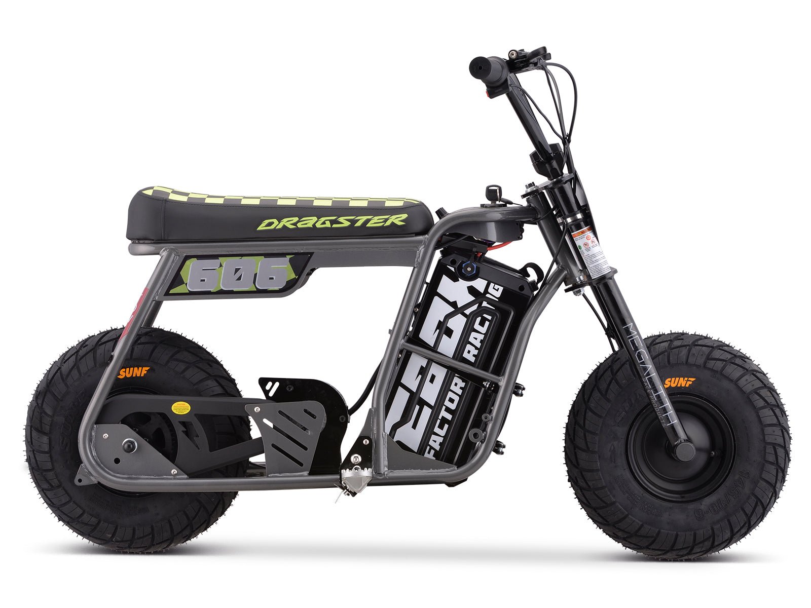 White eMOTO Stomp Ebox Dragster Micro Electric Pit Bike, side view, product image