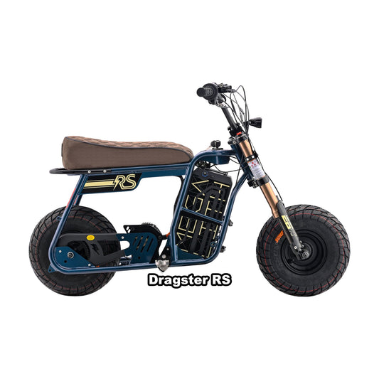 Navy eMOTO Stomp Ebox Dragster RS electric bike in its original box, product image showing packaging and branding.