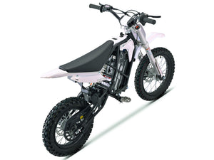 Side view of the eMOTO Stomp Ebox V3 60 electric dirt bike, showcasing its frame, wheels, and suspension system.