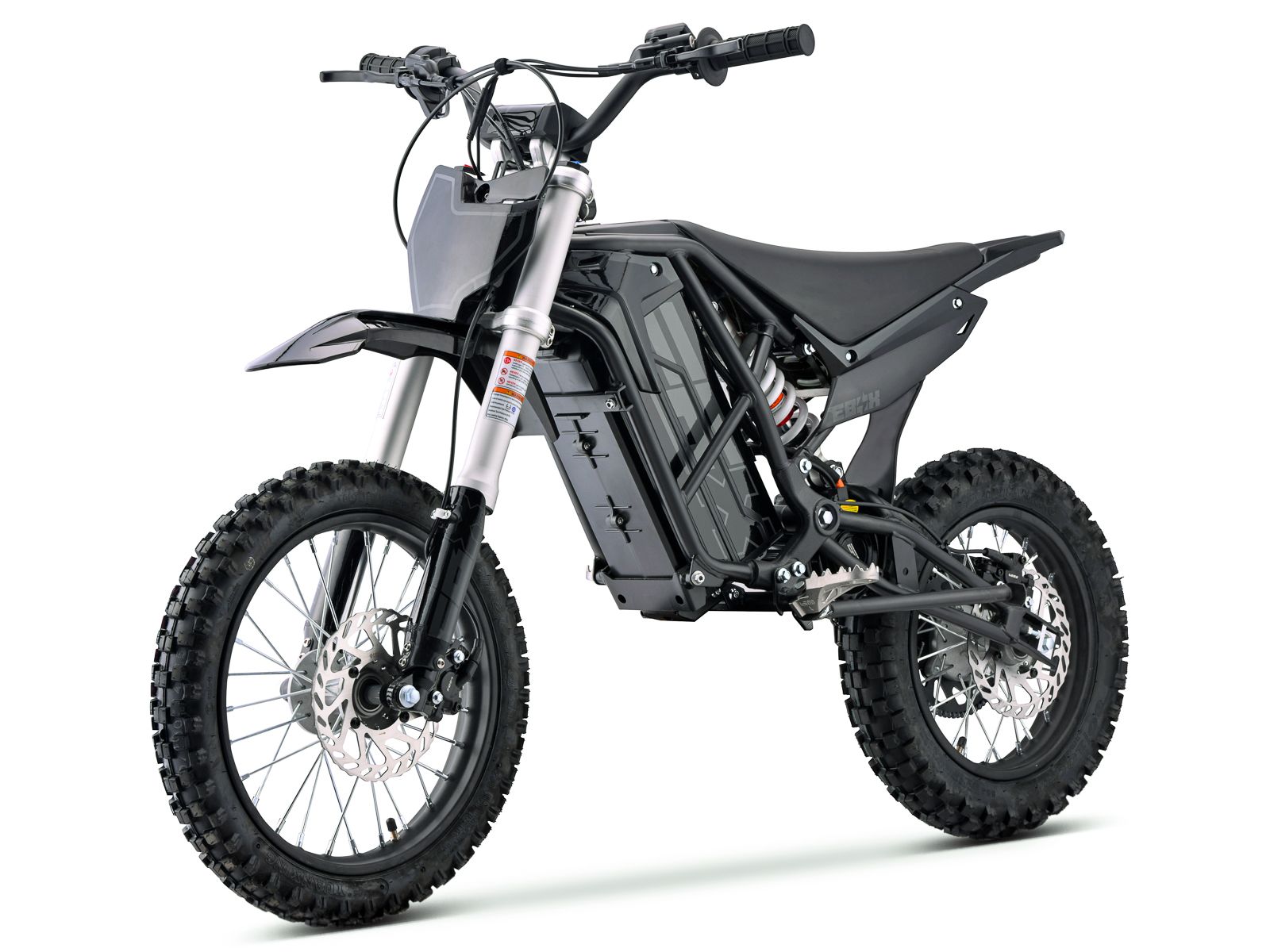 Side view of the eMOTO Stomp Ebox V3 60 electric dirt bike, showcasing its frame, wheels, and suspension system against a plain background.
