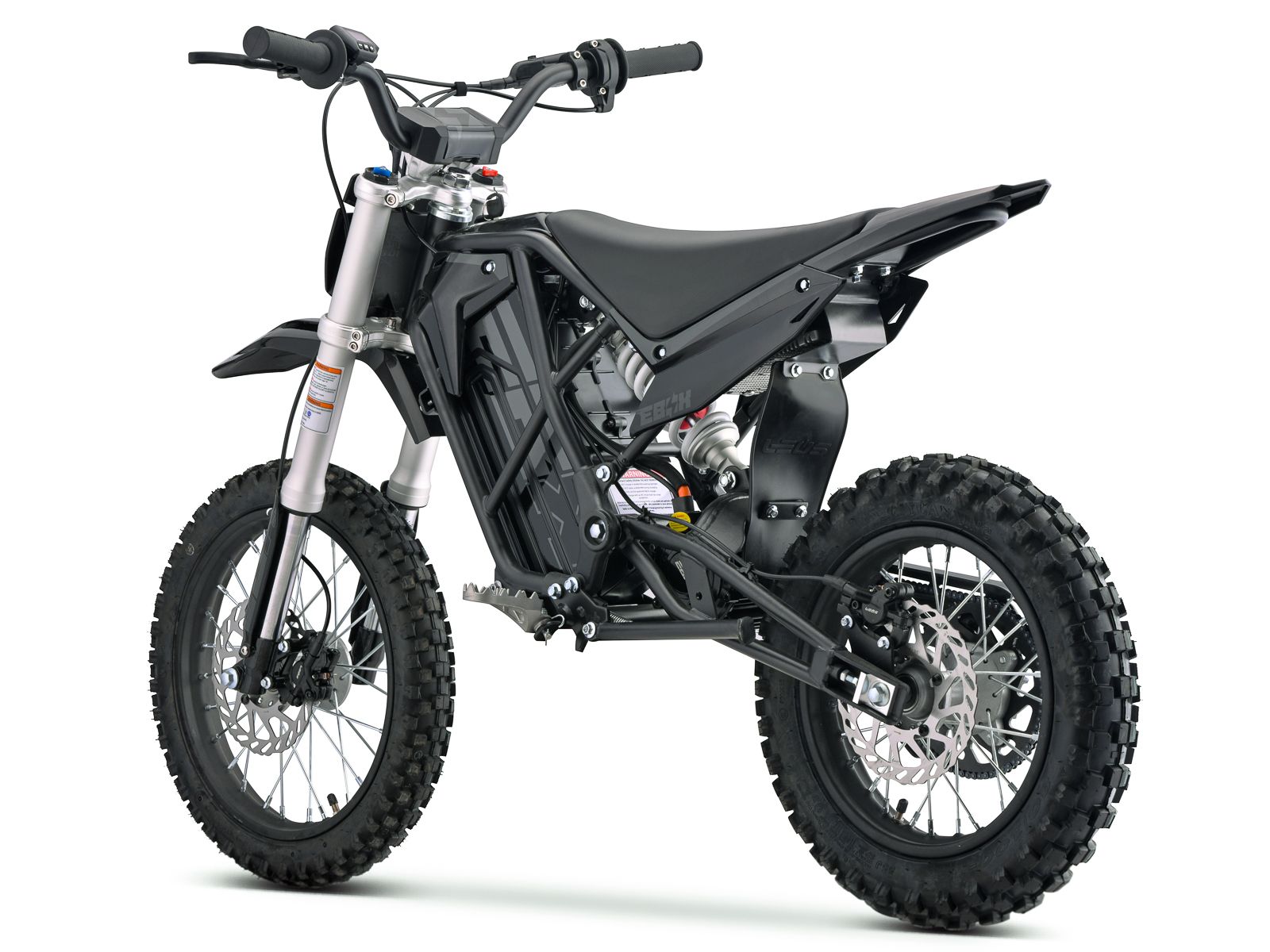 Side view of the eMOTO Stomp Ebox V3 60 electric dirt bike, showcasing its frame, wheels, and suspension system against a plain background.