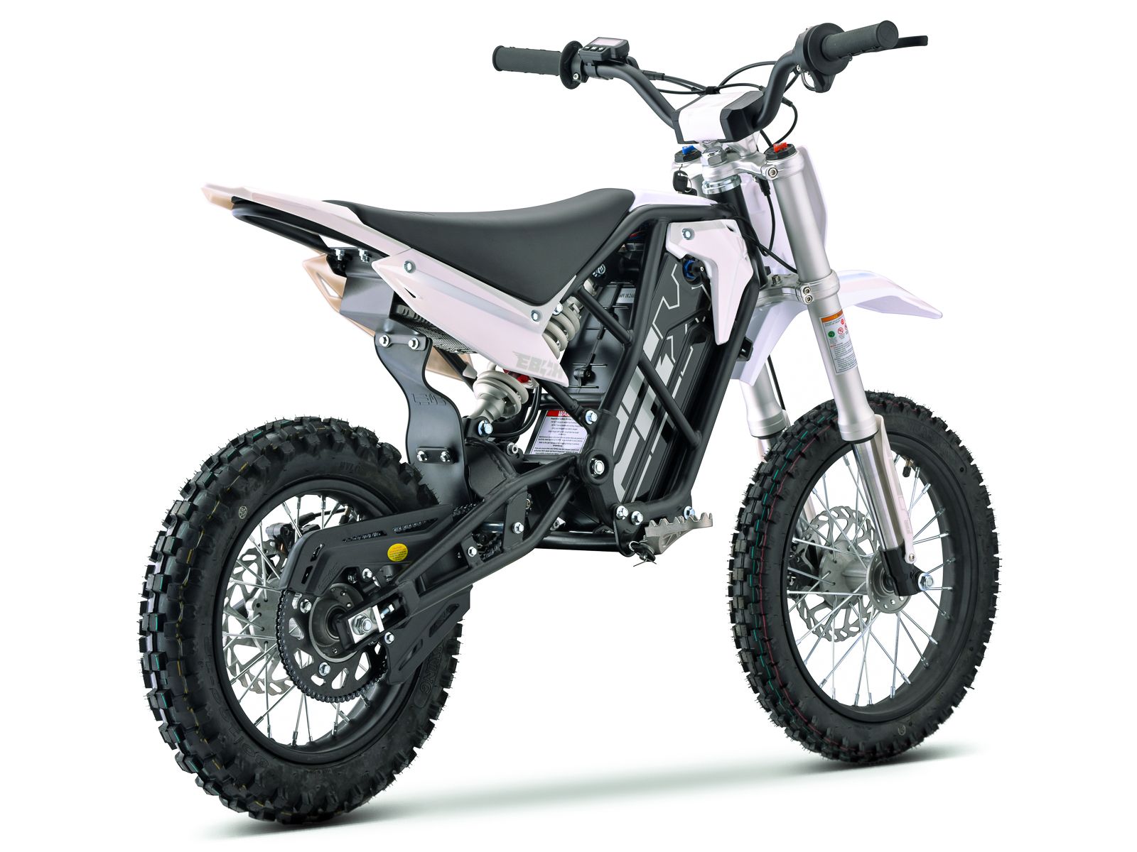 Side view of the eMOTO Stomp Ebox V3 60 electric dirt bike, showcasing its frame, wheels, and suspension system against a plain background.