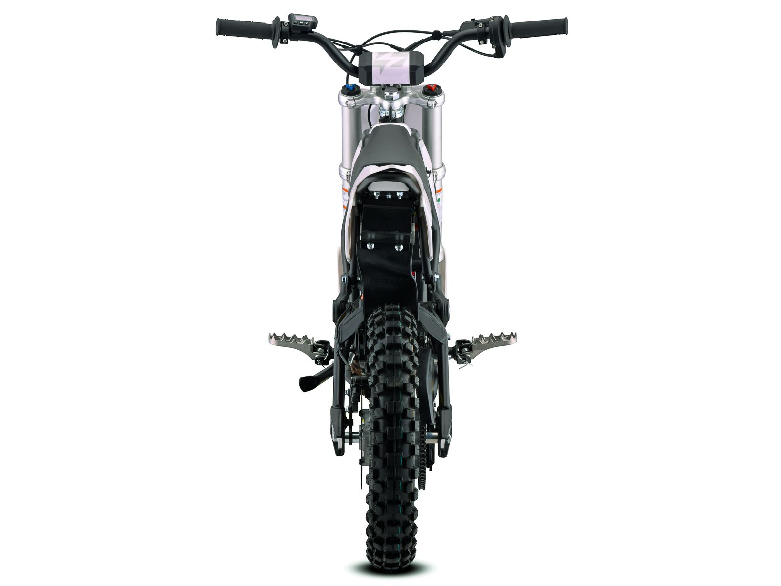 Side view of the eMOTO Stomp Ebox V3 60 electric dirt bike in black and green, showing its frame, wheels, and suspension system.