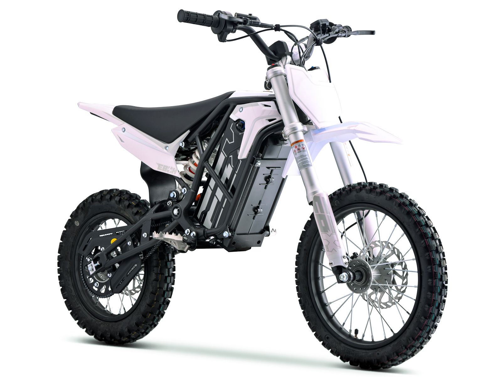 White eMOTO Stomp Ebox V3 60 electric dirt bike, side view, on a plain white background