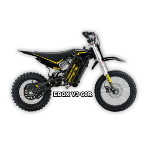 eMOTO Stomp Ebox V3 60 R electric bike in black and gold, shown in its box