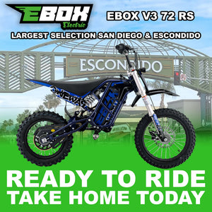 Electric dirt bike eMOTO Stomp Ebox V3 72 RS in Oneway Blue color, side view, ready to ride, against a plain background.