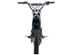 Side view of the eMOTO Stomp Ebox V3 72 RS electric dirt bike, showcasing its frame, wheels, and suspension against a plain background.