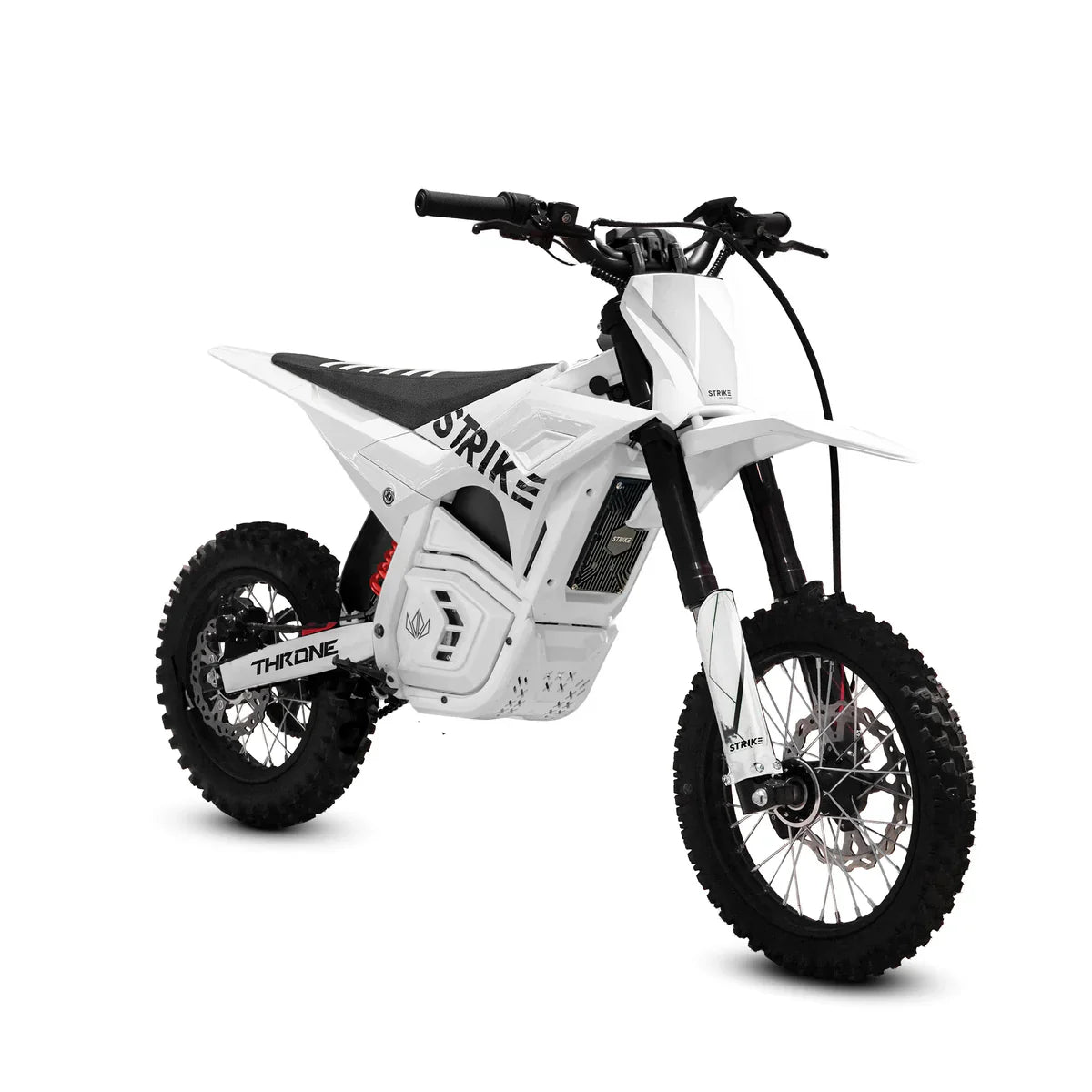 White eMOTO Strike Shadow 48V electric motorcycle, side view, product image for pre-order, available mid May 2026